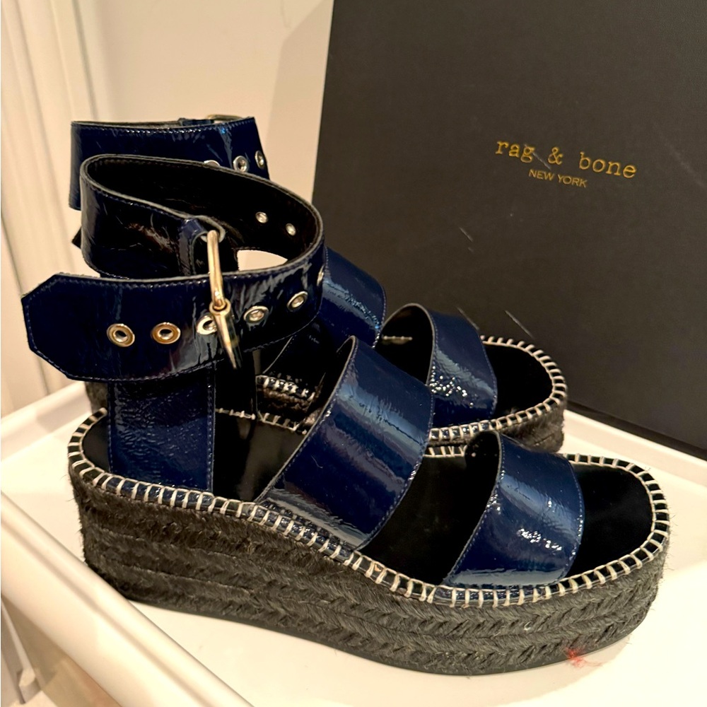 Navy patent ankle strap sandals w/black raffia wedge, size 10 by rag & bone